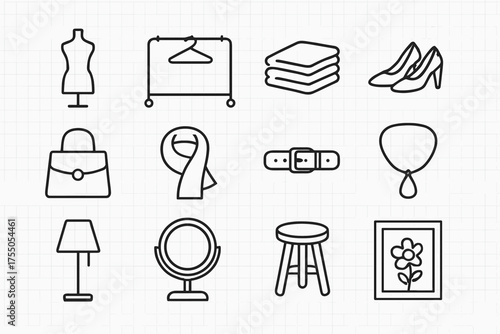 Fashion Icon Set. Fashion display. Line icon set of Fashion display: mannequin, clothing rack, folded clothes, shoes, handbags, scarf, belt, jewelry, mirror,