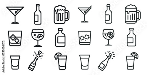 Cocktail and beverage outline icons set – drinks, bar, party essentials