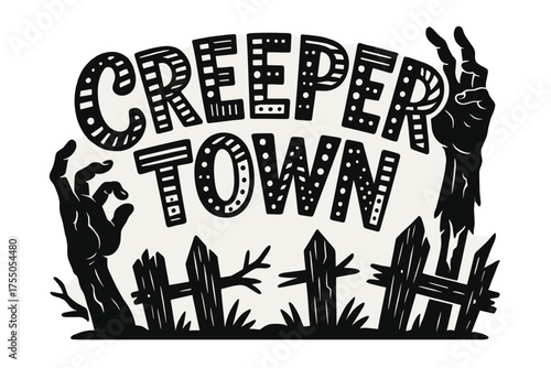Creeper Town Display. Creeper Town ? Decorative Display Lettering, playful stylized letters patterned with stripes and dots, curved word-shape, framed by
