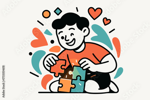 Joyful Puzzle Moment. Child with puzzle. A child smiling while fitting glowing puzzle pieces together, abstract geometric shapes and hearts floating above