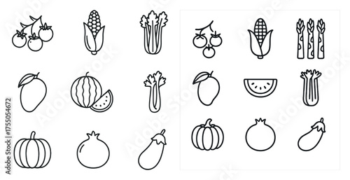 Vegetable and fruit outline icons set – linear, silhouette, food and garden symbols