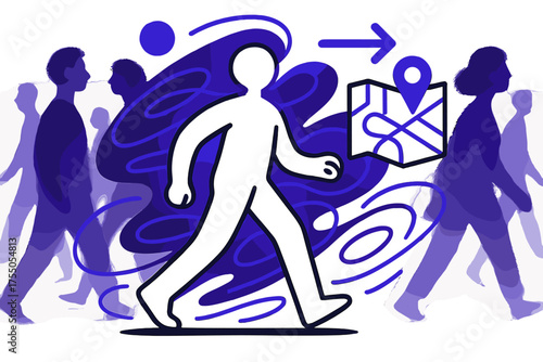 Lonely Journey. Navigating alone. Glowing figure with floating map and directional icons, abstract swirling lines and blurred crowd emphasizing isolation in