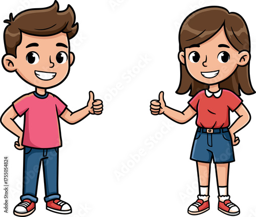 Happy cartoon boy and girl giving thumbs up gesture, cheerful kids standing together, smiling characters for education and promotional design