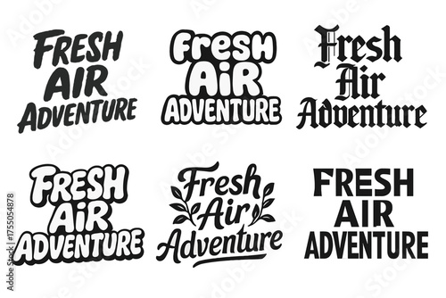 Lettering Styles Grid. Fresh air adventure. Set lettering. harmonious lettering variations of the same emblematic concept (Grunge textured brush lettering,