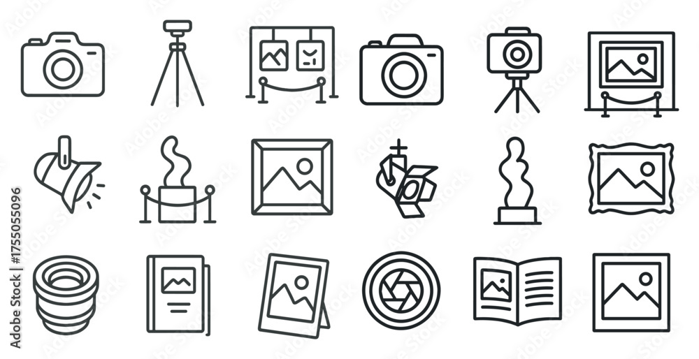 Naklejka premium Photography and art line icons set – outline, gallery, picture and camera symbols