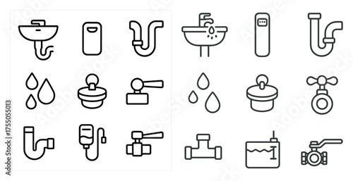 Plumbing and pipes outline icons set – linear, silhouette, water flow symbols