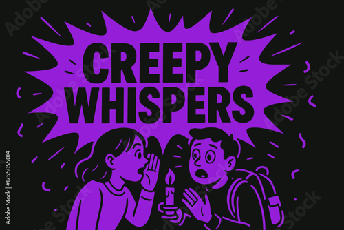 Creepy Whispers Design. CreepyWhispers banner, flat vector illustration, bold oversized text inside comic burst, cartoon characters whispering and gesturing