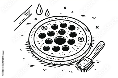 Detailed Drain Cover Illustration. Floor Drain Cover Close-Up. Hand-drawn doodle illustration floor drain cover close-up round grate, circular holes, water