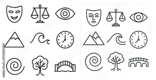 Justice and nature icons set – outline, linear, law and environmental symbols