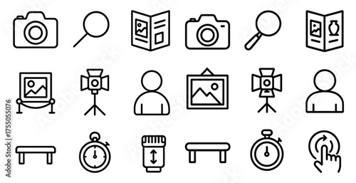 Photography and camera icons set – outline, line, photo and image symbols for media
