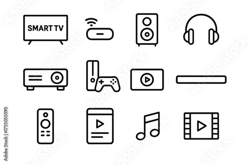 Home Entertainment Icons. Home entertainment. Line icon set of Home entertainment: smart TV, streaming device, speaker, headphones, projector, game console,