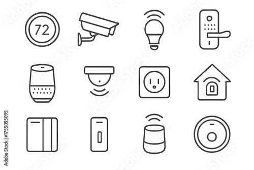 Smart Home Icons. Smart home solutions. Line icon set of Smart home solutions: smart thermostat, security camera, smart light bulb, door lock, smart speaker,