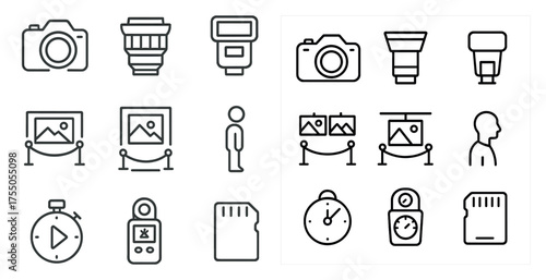 Photography and camera line icons set – outline, linear, imaging and snapshot symbols