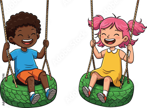 Happy children playing on tire swings in park, outdoor fun, summer activity, friendship, childhood joy, colorful cartoon vector illustration