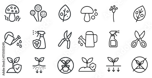 Gardening linear icons set – outline, plant, garden tool symbols