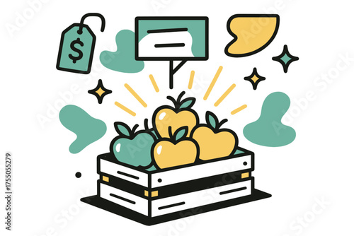 Vibrant Market Apples. Market apples. A crate of apples glowing at a farmers? market stall, abstract shapes of signs and floating stars around symbolizing