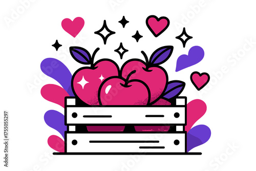 Sparkling Apple Harvest. Sweet harvest. A crate of apples glowing with sparkles, abstract shapes of hearts and stars floating above symbolizing joy and