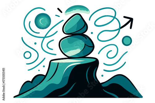 Balancing Energies. Cliffside balance. Glowing rock formation perched atop a glowing cliff, abstract floating lines and energy orbs emphasizing balance amidst