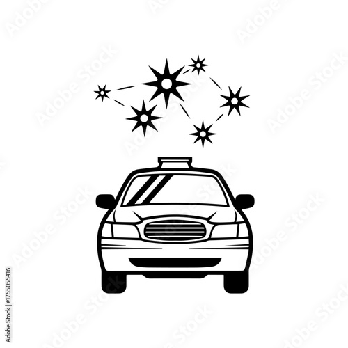 Vector art of front view of a taxi cab with a constellation above it