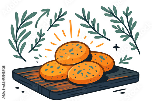 Herb-infused Cookie Bliss. Cookies on rustic table. Glowing herb cookies arranged on a wooden table, abstract floating sprigs of rosemary and thyme, soft light