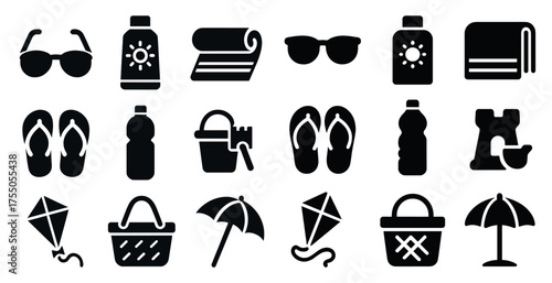Summer vacation silhouette icons set – beach, holiday, travel symbols
