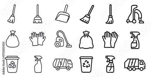 Cleaning and sanitation outline icons set – line, hygiene, maintenance symbols