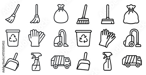 Cleaning and hygiene outline icons set – line, linear, sanitation and maintenance symbols