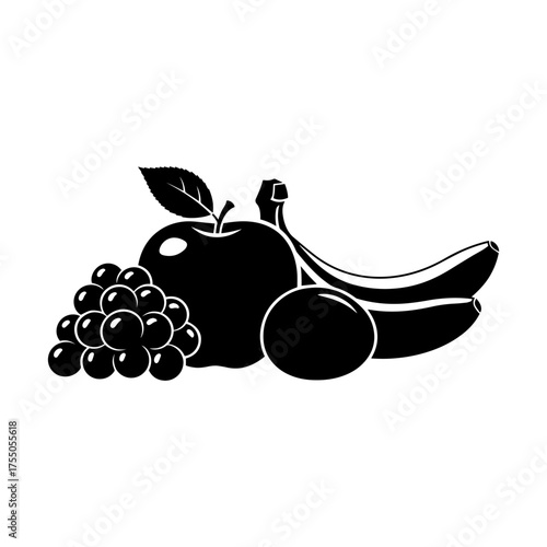 Vector art of still life of assorted fruits including grapes, apple, banana, and plum