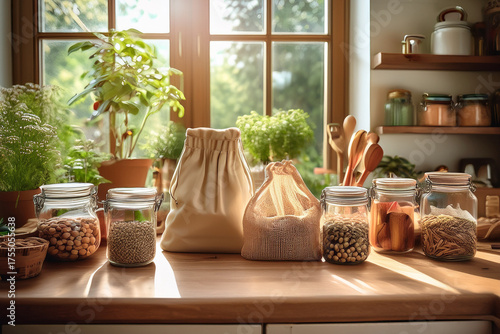Realistic kitchen scene with zero-waste setup: reusable glass jars with legumes, cloth bags, compost bin, herbal plants on windowsill, wooden utensils, natural light streaming in, soft warm tones, eve
