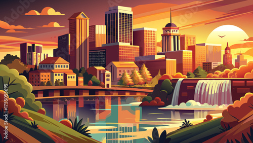 Very beautiful Gun Island Chute and the downtown cityscape of Montgomery, Alabama, United States, glowing under warm sunset light, reflecting across calm river waters and highlighting southern charm.