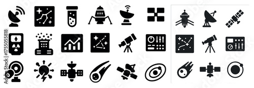 Space exploration filled icons set – solid, cosmic, astronomy and science symbols