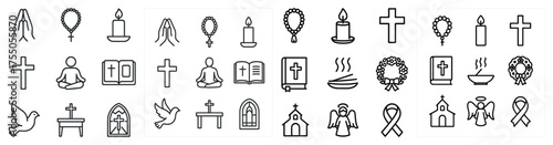 Religious outline icons set – line, silhouette, spirituality and faith symbols