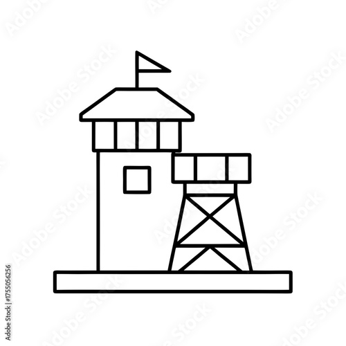 Outlined watchtowers with a small flag up top on transparent background