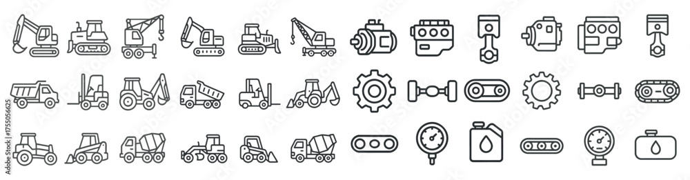 Naklejka premium Construction and machinery outline icons set – linear, line, building equipment visuals