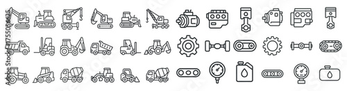 Construction and machinery outline icons set – linear, line, building equipment visuals