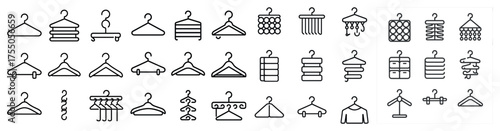 Clothing hanger outline icons set – minimalist, line, wardrobe organization symbols