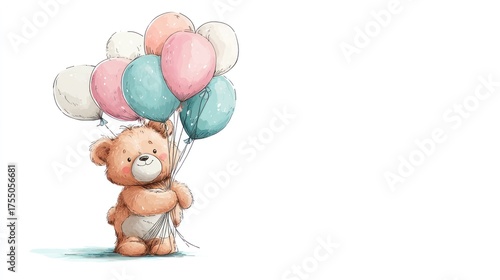 A cute teddy bear holding a bunch of colorful balloons, standing on a white background with a blue sky and clouds.