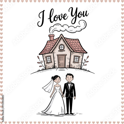Love's Everlasting Home: A heartwarming illustration captures the essence of everlasting love, with a couple standing before their dream home, surrounded by a charming setting.