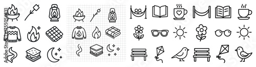 Camping and nature line icons set – outline, outdoor, adventure symbols collection