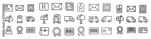 Postal and delivery line icons set – outline, mail, package shipping symbols