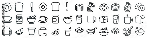 Breakfast and brunch outline icons set – linear, food, meal preparation symbols