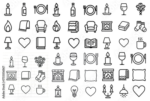 Cozy home outline icons set – linear, silhouette, warmth and comfort symbols