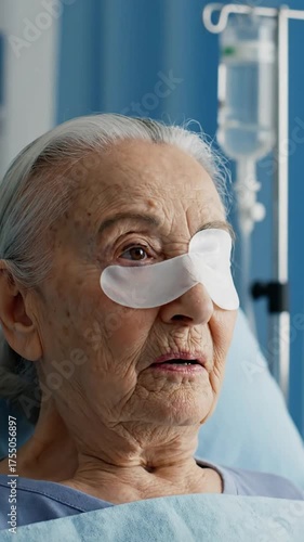 Elderly woman rests in hospital bed with eye patches and iv drip