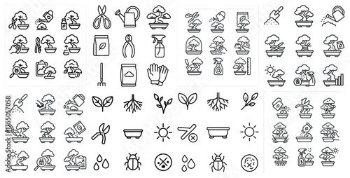 Bonsai and gardening icons set – outline, line, plant care and pruning symbols