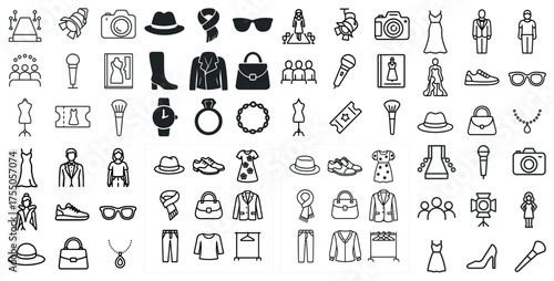 Fashion and style icons set – outline, linear, wardrobe and accessories symbols