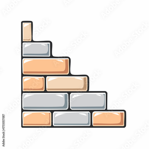 A corner section of a brick wall with alternating colors of beige and gray bricks, forming a stepped pattern.