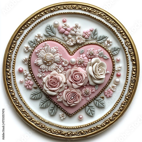 mini heart-shaped cake with pastel frosting, topped with edible pearls and flowers, placed on a gold-rimmed porcelain plate. isolated on white background Ultra HD, Very Realistic, High Detailed Image