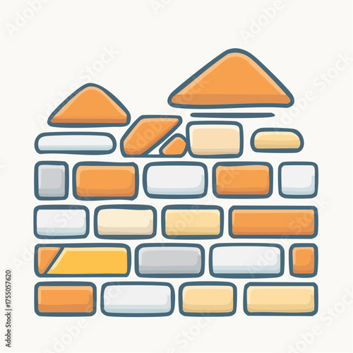 A stylized illustration of a brick wall with various colored bricks and triangular shapes on top.