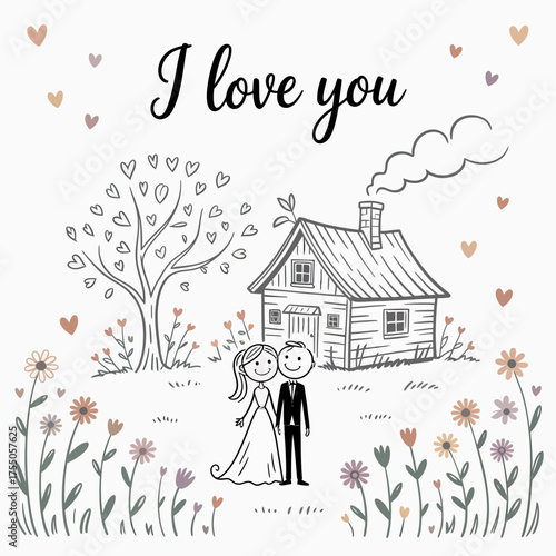 Love's Embrace: a sketch of a couple, holding hands, stand before their dream home. expressing the deep connection, shared dreams, and the warmth of a loving embrace.