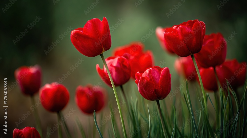 Obraz premium A field of green grass with a group of red tulips and a blurred background of trees